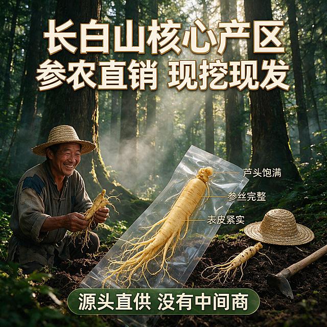 [主图-2] 产地溯源与信任，主题：长白山核心产区 参农直供。核心任务：建立产地信任，展示源头直供的品质保障。
[统一基调] 拼多多风格，大字直白，性价比感强；背景主色为深绿渐变+暖金色点缀；标题字色为米白色+金色描边，粗黑体厚重醒目；辅助字色为浅黄；强调色为朱红印章色；字体为粗黑体+少量书法体点缀；卡片样式为圆角半透明深绿卡；整体氛围自然新鲜有食欲。
[画面] 画面上半部分是长白山原始森林实景，参天大树、山间雾气、阳光穿透树叶的丁达尔效应，营造正宗产地氛围。画面下半部分中央展示独立包装的长白山保鲜人参，人参旁边摆放着刚从地里挖出的带土鲜人参、参农的草帽和小锄头，暗示参农现挖直发。左侧有一位参农（中年男性，朴实穿着，手捧人参微笑）的半身像，增加真实感。主体人参占比约40%。
[光影质感] 自然森林晨光，柔和温暖，人参表面有自然光泽，森林场景有雾气朦胧感，整体通透有层次。
[配色] 森林绿色为主，人参米黄色，土地棕褐色，文字米白+金色，朱红点缀。
[文字版式] 顶部超大粗黑体主标题"长白山核心产区"，下方"参农直销 现挖现发"；人参旁边用引线标注"芦头饱满""参须完整""表皮紧实"三个细节卖点；底部半透明深绿卡片内文字"源头直供 没有中间商"。
[输出要求] 1:1正方形比例，2K高清，产品清晰，场景真实自然，文字清晰；负向：变形、错字、模糊、水印、平台Logo、人物面部扭曲、医疗功效宣传、绝对化用语、人参品种错误。