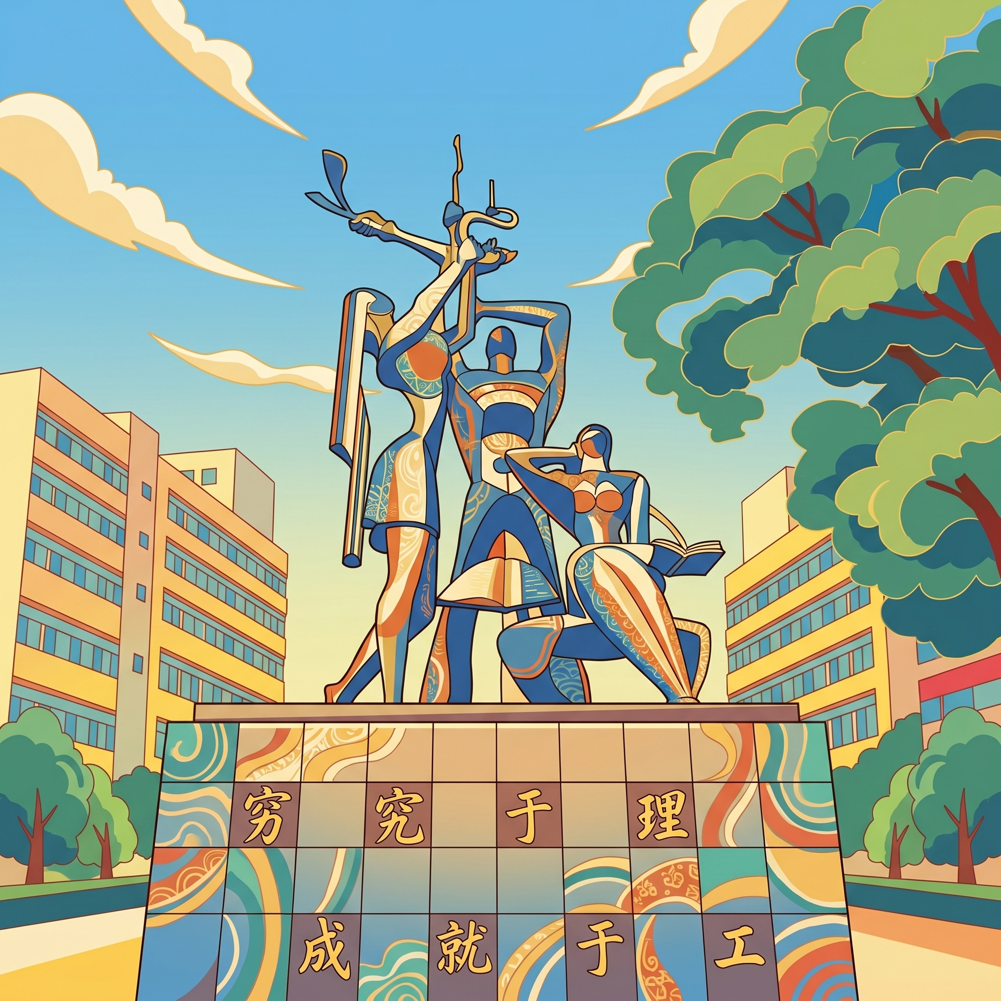 参考第一张图片的国潮插画风格，重新绘制这张校园标志性雕塑，保持… - 图片创意预览