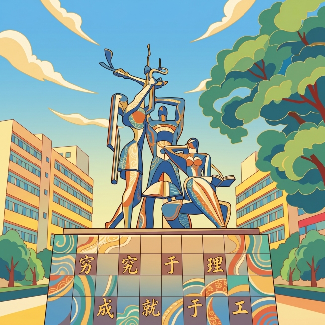 参考第一张图片的国潮插画风格，重新绘制这张校园标志性雕塑，保持建筑雕塑结构和文字不变，使用扁平国风国潮插画配色和线条风格预览效果