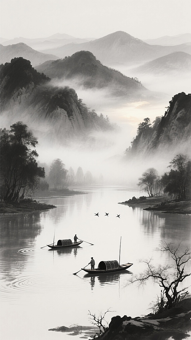 中国水墨画风格，黑白灰层次分明，远山如黛，云雾缭绕于山谷间，江面平静如镜，倒映着朦胧山影，近岸枯枝疏朗，两艘乌篷船载着渔人点缀于江心，营造出空灵悠远、宁静淡泊的意境，笔触简练洒脱，墨色浓淡干湿变化丰富，留白恰到好处，展现传统山水的写意韵味，画面增添几缕晨光穿透薄雾，渔船旁点缀几只飞鸟，水面泛起细微涟漪。