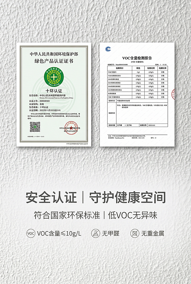 杂志风权威排版，上半部分为环保认证证书实拍（十环认证标志、VOC含量检测报告），证书清晰可见，严格保留白色凹凸拉毛漆所有纹理细节，下半部分居中放置主标题"安全认证 | 守护健康空间"，副标题"符合国家环保标准 | 低VOC无异味"，下方添加核心环保指标"VOC含量≤10g/L""无甲醛""无重金属"，文字采用统一无衬线字体，色调浅灰加白色，权威可靠，突出环保安全性，避免证书模糊，避免文字过小，避免色彩杂乱，避免肌理失真，避免比例失调，避免虚假信息，避免证书遮挡