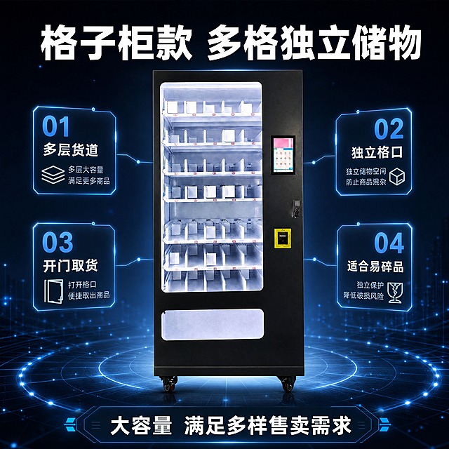[商品] 使用【图2】格子柜货道款智能自动售货机；保留黑色机身、透明玻璃门、格子柜分层货道、触摸屏、黄色支付模块、底部取物口、万向滚轮、整体比例和颜色；产品正面展示。
[画面] 主图第3张·格子柜货道款+大容量卖点主图。产品居中正面展示，占画面65%；深蓝黑渐变背景，底部有反射光效和科技网格；四周用发光数字和图标突出容量卖点。
[视觉] 套系策略：风格=深色科技商业摄影风；标题字=粗黑无衬线黑体；正文字=简洁无衬线体；主色=深蓝黑；背景延展=基于深蓝黑做渐变层次、科技网格光效粒子；强调色=亮蓝色，仅用于小面积图标、引线、标签和光效；标题色=白色；正文色=浅灰蓝；组件=发光数字标签、圆角卖点卡；光影=前侧主光+背景轮廓光。
[文字] 顶部主标题"格子柜款 多格独立储物"；产品两侧配发光数字标签："多层货道""独立格口""开门取货""适合易碎品"；底部"大容量 满足多样售卖需求"。
[规格] 图片比例1:1正方形，分辨率4K，负向提示：避免变形、错字、文字过小、货道结构错乱、颜色改变、白底孤立。