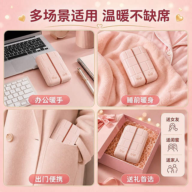 [主图-6] 多场景使用与礼物人群覆盖，展示暖手宝在不同场景下的使用方式和适合的送礼对象，扩展使用价值。
[统一基调] 整体风格温馨精致、礼物感强，背景主色为柔粉色渐变搭配浅香槟金点缀，标题字色为深玫瑰红，辅助字色为暖棕灰，强调色为香槟金，字体为圆润无衬线中文字体，字号层级分明，卡片与图标统一圆角柔和样式。
[画面] 采用四宫格布局展示四个不同使用场景，每格一个场景：左上格「办公室暖手」——暖手宝放在办公桌面，旁边有键盘和笔记本电脑；右上格「被窝暖身」——暖手宝放在柔软的被窝里，旁边有睡衣一角，营造睡前暖床氛围；左下格「外出揣兜」——暖手宝放在大衣口袋里，露出一半，体现便携；右下格「送礼对象」——暖手宝放在礼盒中，配「送女友/送闺蜜/送家人」文字。四个格子之间用细金色线条分隔，整体统一在粉色背景中。产品在每个场景中都保持原有外观。
[光影质感] 每个小场景都有独立的柔和光影，产品光影自然融入各自场景，整体色调统一温暖，四宫格视觉平衡。
[配色] 沿用统一视觉：每个场景主色调不同但都偏暖，产品粉色统一，分隔线和标题为香槟金+深玫瑰红，整体协调。
[文字版式] 画面顶部居中主标题「多场景适用 温暖不缺席」，深玫瑰红色粗体大字。每个宫格底部有场景标签，白色字+半透明深粉底，分别为「办公暖手」「睡前暖身」「出门便携」「送礼首选」。文字简洁清晰。
[输出要求] 1:1正方形，2048×2048像素，文字清晰可读，产品在每个场景中清晰可辨，无错字、无水印、无平台Logo。禁止产品变形、颜色偏差。
