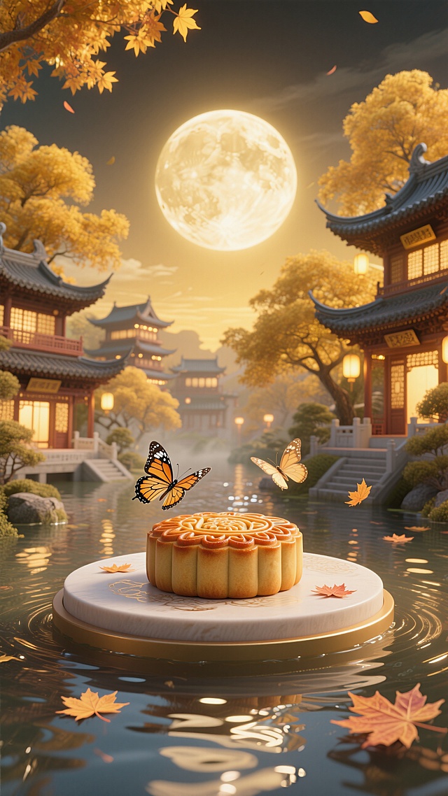 国风虚拟电商场景图。前景是一个圆形月饼展台上有一只小蝴蝶在上面飞，水面波光粼粼，几片枫叶飘落。背景亮灯的传统中式楼阁建筑群、金黄枫树，金色的天空挂着一轮发光的圆月
