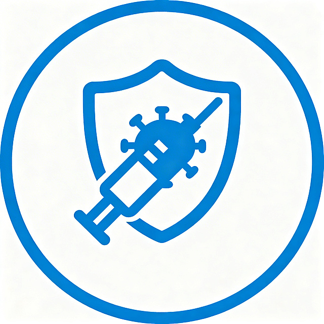 为瑞科生物公司设计一个高大上的蓝色圆形图标，主题是疫苗知识，图标内部不出现任何文字，以病毒盾牌简约符号表现，图标整体背景为纯白色，主色调为蓝色，设计风格简约高端大气，保持整体色调统一，线条流畅，生物科技感，健康医疗主题