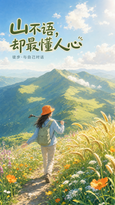 夏日山脊草甸场景，阳光通透清新，远处是连绵浅绿色山峦和淡蓝色天际，几朵蓬松白云投下缓慢移动阴影。空气清透能见度高。国潮美学，东方意境，水墨融合，超精细细节，电影级光影，柔光，高端城市宣传视觉，色彩饱和预览效果