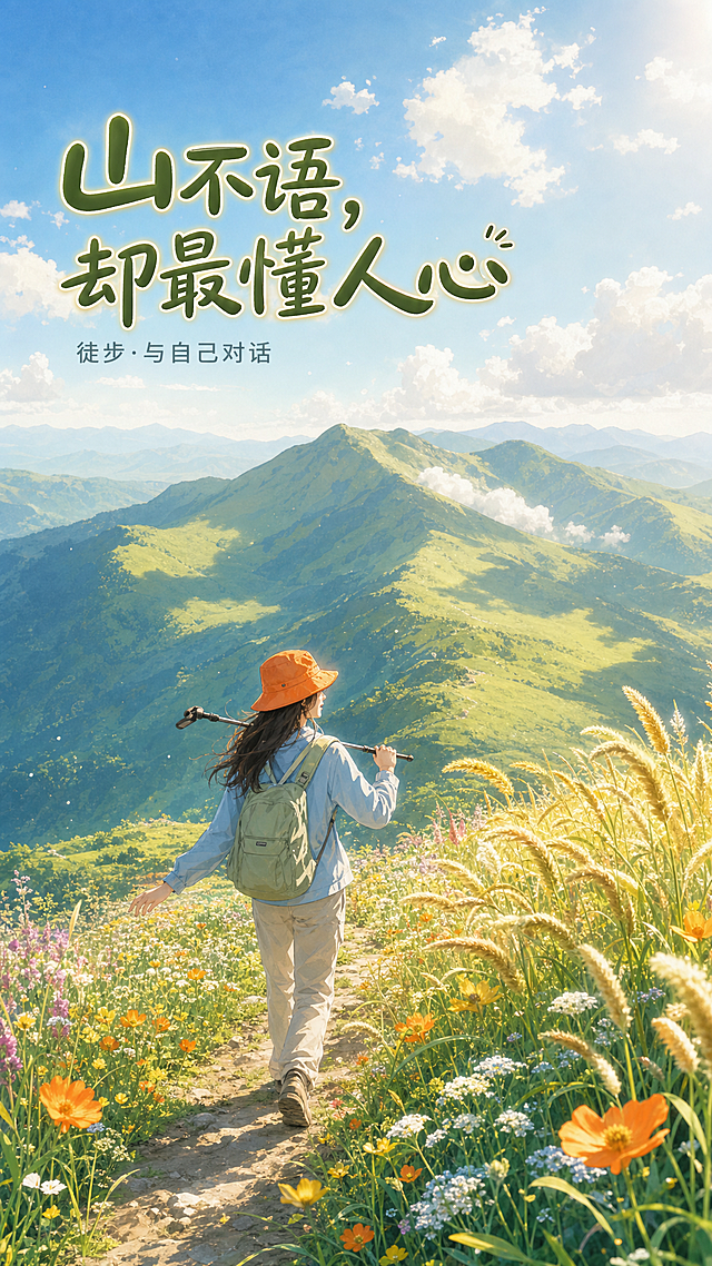 夏日山脊草甸场景，阳光通透清新，远处是连绵浅绿色山峦和淡蓝色天际，几朵蓬松白云投下缓慢移动阴影。空气清透能见度高。国潮美学，东方意境，水墨融合，超精细细节，电影级光影，柔光，高端城市宣传视觉，色彩饱和和谐，主色调为草绿、暖黄、橘红、天空蓝，光影明快柔和，带有轻柔光晕效果。笔触介于水彩与数码绘画之间，干净且富有细节，整体给人“山也在微笑”的温暖感觉，传递平静中带着释然与喜悦，与山同行、与自己温柔和解的轻松感，传递“走着走着，心就亮了”的情绪。画面添加文字，中文标题“山不语，却最懂人心”，使用圆润的手写体或快乐体，颜色为深橄榄绿加淡米色描边，有轻微内阴影与柔光特效，置于画面上方偏左；副标题“徒步·与自己对话”，浅灰色小字无衬线字体，附于主标题下方。主体内容：一位穿浅蓝色防晒衣、米白色徒步裤，头戴亮橙色渔夫帽的年轻女性（背影四分之三侧面），背着浅绿色小背包，正走在开满野花的山脊小径上，她左手拿着一根登山杖随意搭在肩上，右手张开轻抚身旁一丛高高的金色狗尾草。阳光从右上方斜照，在她身上勾勒出暖色轮廓光。拍摄角度为后方平视稍侧，人物占画面约1/5，山峦与天空占大面积，形成人小山大、色彩明媚的构图。比例9:16竖版