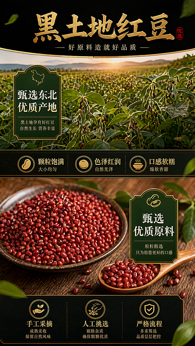 红豆罐头淘宝电商详情页，主题介绍原料优势，顶部标题"黑土地红豆"，展示东北红豆种植田图片，文字"甄选东北优质产地"，标注卖点"颗粒饱满、色泽红润、口感软糯"，下方展示红小豆实物图，文字"甄选优质原料"，标注优势"手工采摘、人工挑选、严格流程"，黑金+绿色风格，凸显食材优质