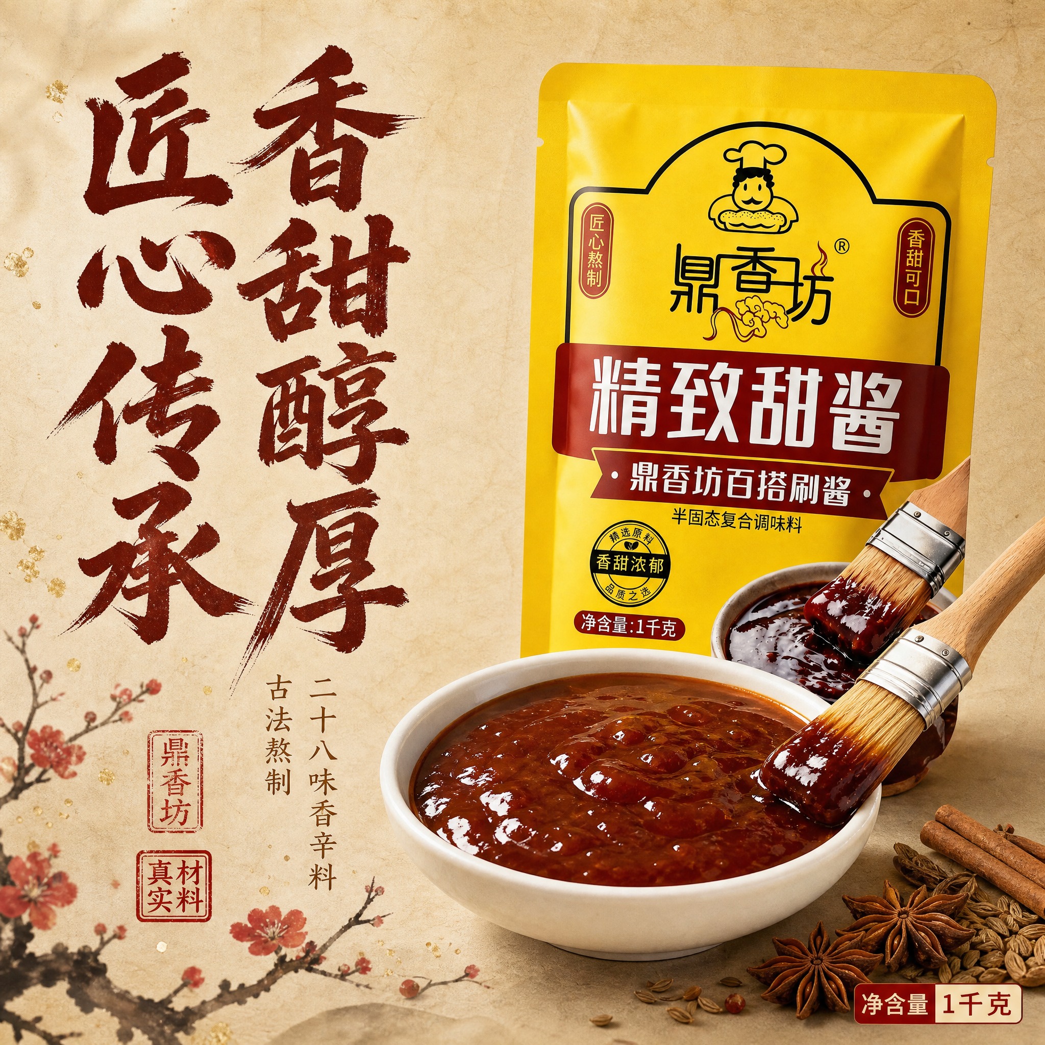 [主图-13] 国风书法大字主图，鼎香坊甜酱，高端中式美食风。… - 图片创意预览