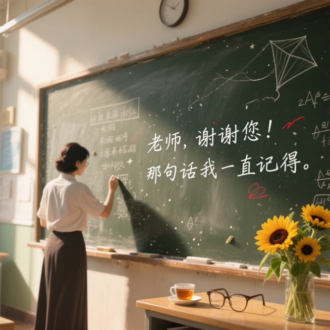 黑板前，老师的背影在晨光中静静书写，粉笔灰如星尘般飘落，每一道笔画都延伸成学生未来的足迹——公式化作蓝图，文字飞成纸鸢，红批注化作一句句无声的鼓励。角落里，一杯未凉的茶、一副老花镜、一束向日葵静静守候预览效果