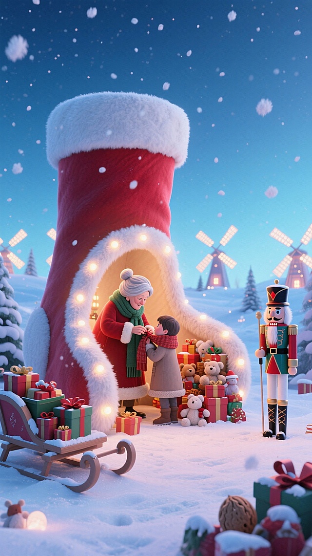覆雪的巨型圣诞袜立体场景：内部毛绒空间里，圣诞老婆婆正给孩子系围巾，暖灯绕袜口、旁堆礼盒和毛绒玩具；外部左侧雪橇载礼盒，右侧立着胡桃夹子。背景浅蓝渐变夜空飘绒絮雪，远处亮灯风车错落。