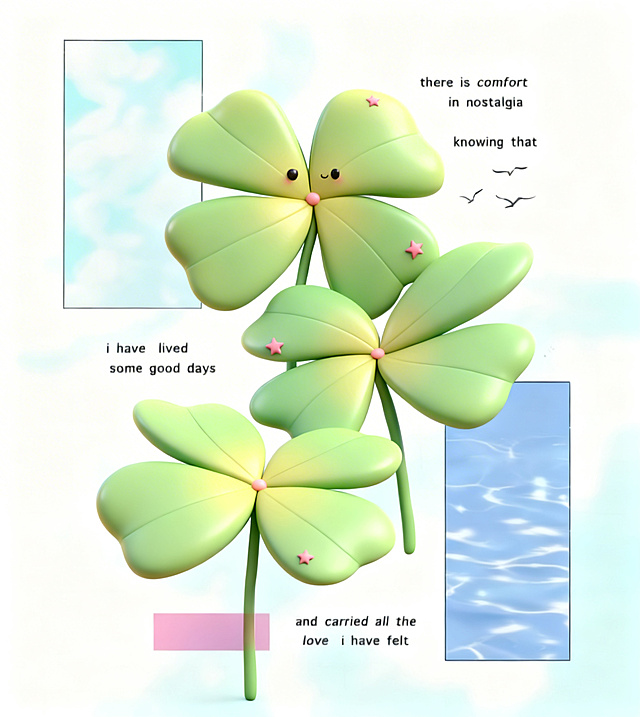 将图片中的四叶草转换成C4D风格，整体效果萌萌哒，保留原图构图和文字文案