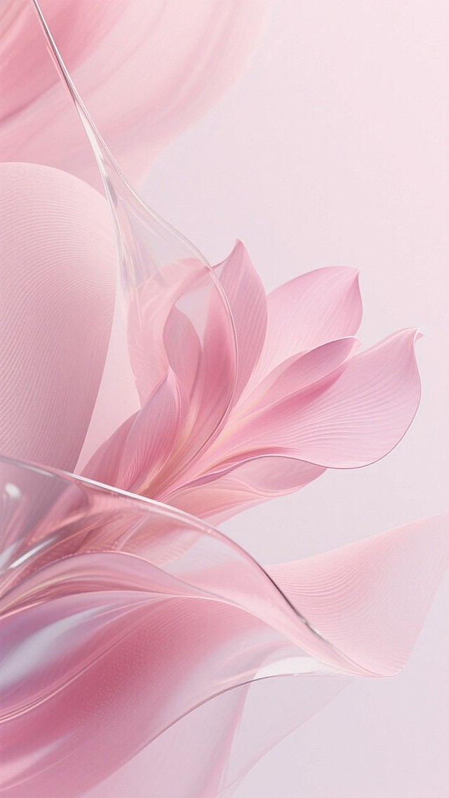 粉色丝绸或粉色花瓣，3D渐变半透明玻璃，柔和的浅粉色风格