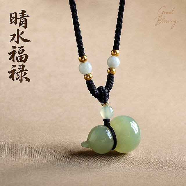 [主图-1]晴水福禄和田玉葫芦吊坠首图展示
[氛围风格]东方禅意，宋式极简，国潮复兴，安宁从容有底蕴
[画质]商业摄影质感，光线柔和通透，产品清晰真实，画面干净高级，超高清
[元素]和田玉晴水绿福禄葫芦吊坠居中放置，保持产品外观（物理结构、材质质感、颜色）与输入产品图绝对一致，杜绝任何变形和色差，精细化处理。吊坠搭配黑色手工编绳，点缀金色隔珠和浅白玉珠，整体质感温润通透。背景采用浅棕色棉麻质感国风禅意背景，简洁留白，突出产品主体。商品主体占比严格控制在60%-80%之间，画面满屏无边框。
[光影]柔和侧光，勾勒玉石温润轮廓，高光突出玉石通透质感，暗部保持层次，整体光影干净简洁，体现东方禅意氛围感。
[配色]主色调浅棕棉麻底色，点缀晴水绿玉石、黑色编绳和金色隔珠，配色素雅沉稳，符合宋式极简风格。
[视角构图]平视45度斜侧视角，浅景深突出吊坠主体，轮廓完整不裁切。
[文字版式]左上负空间左对齐留安全边距，大字主文案写“晴水福禄”，国风书法字体，深棕色粗体，搭配右上角手写英文装饰“Gourd Blessing”浅金色细体。文字不遮挡产品主体，清晰易读。
[比例分辨率]1:1比例，4k分辨率，文字清晰锐利，画面超高清。
[负向提示词]变形，水印，文字错乱，产品图模糊，背景杂乱，廉价塑料感，文字压产品，绝对化违禁词，迷信用语
