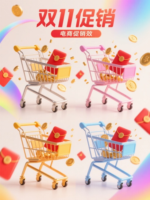 3D渲染风格电商促销海报，浅色背景上，上下两行整齐排列4个不同配色、不同样式、不同材质的购物车，每个购物车细节丰富，金属框架呈现出强烈的金属光泽，塑料部件具有光滑细腻的质感；购物车周围环绕着彩色渐变光效，金色的金币和红色的红包从购物车中飞溅而出，充满动感；画面中融入醒目双11促销文案，视觉层级分明，信息传达高效，整体氛围欢快活泼，强促销属性，高光与阴影处理细腻，色彩鲜明和谐，现代感十足。预览效果