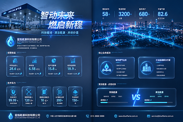 现代科技感A3横向跨页宣传册，浅灰渐变背景，蓝色光效线条，未来感。版本四：科技光效风。

左页：左上配蓝色调燃气站照片，大标题带光效，副标题科技字体。公司区：发光水滴logo+公司名+简介。四个半透明玻璃卡片展示收益数据。五个玻璃卡片展示技术数据。

右页：右上配城市管网夜景照片，场景覆盖光效数字。两个玻璃卡片业务板块。底部光效对比条。

底部联系栏贯通左右：发光logo+公司名+地址+电话+网址+邮箱。
科技蓝主调，玻璃拟态卡片，微光效悬浮感，未来科技感。