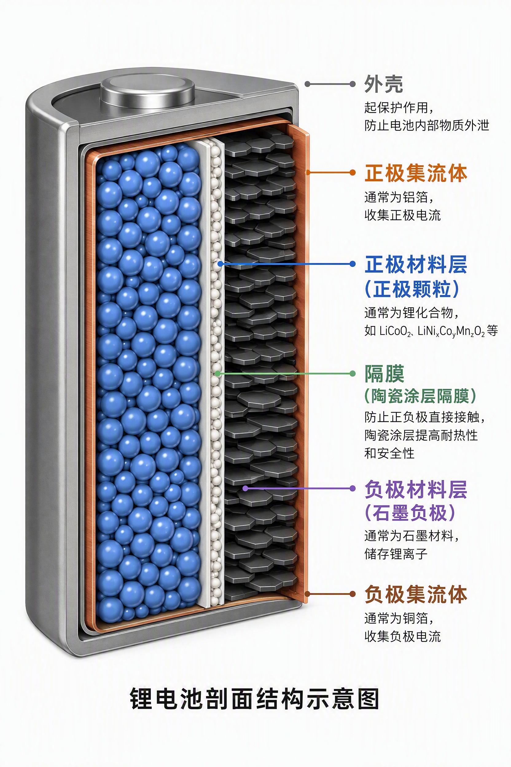 锂电池剖面结构示意图，清晰展示电池内部各层结构，从外到内依次是… - 图片创意预览