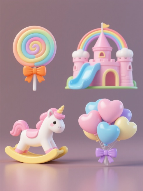 3D渲染风格，四个不同样式、不同配色的游乐园主题元素在纯色背景上排列整齐，包括顶部左侧是带有橙色蝴蝶结的彩虹渐变螺旋棒棒糖，顶部右侧是粉色主体带蓝色滑梯和彩虹拱门的城堡，底部左侧是粉色鬃毛白色身体黄色底座的独角兽摇摇马，底部右侧是粉色、蓝色、浅黄色心形气球束配紫色蝴蝶结，整体采用明亮柔和的马卡龙色系，物体表面光滑有光泽感，光影细腻，每个元素造型卡通可爱，构图对称平衡，视觉层级清晰。预览效果