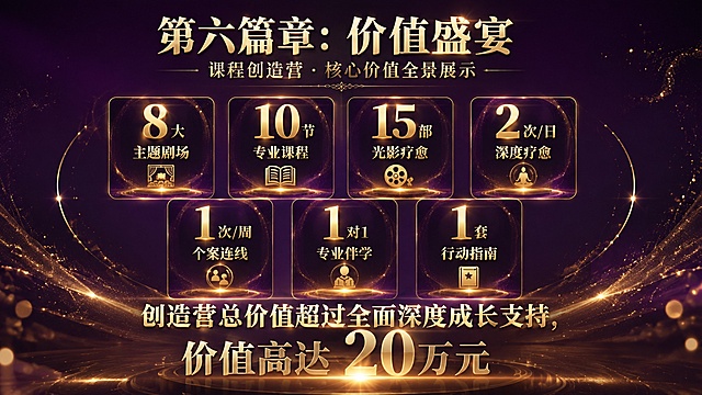 高级感PPT价值全景页设计，横版16:9，深紫色渐变背景，金色光效粒子，顶部标题"第六篇章：价值盛宴"，副标题"课程创造营・核心价值全景展示"，中央排列7项价值内容：8大主题剧场、10节专业课程、15部光影疗愈、2次/日深度疗愈、1次/周个案连线、1对1专业伴学、1套行动指南，用金色数字+文字的卡片环形或矩阵排列，底部大字"创造营总价值超过全面深度成长支持，价值高达20万元"，高端大气震撼