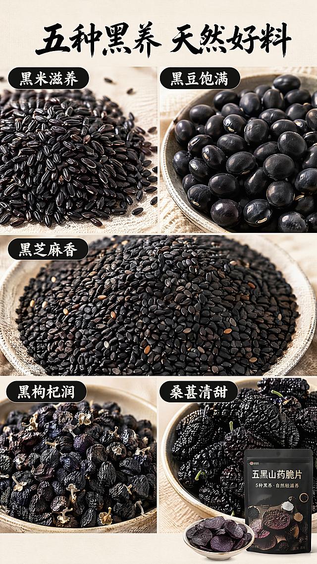 [第2屏] 成分展示屏-五黑山药脆片天然原料拆解。
[氛围/风格] 自然原生质感，食材真实新鲜，微距特写，有食欲。
[元素布局] 整屏铺满五种黑色原料的微距特写：黑米、黑豆、黑芝麻、黑枸杞、桑葚，每种原料分区展示，每个原料特写占屏比例不低于30%，产品包装仅在右下角做小面积辅助展示，突出天然食材本身，原料颗粒饱满清晰。
[光影质感] 侧前方打光，突出食材纹理和质感，每块食材都有清晰阴影层次，真实自然。
[配色色系] 全局底色 #F5F1E9；主色深黑色食材；辅助色米白底，整体低饱和天然色调。
[视角构图] 俯视微距拍摄，每个原料独立区块，网格排布。
[文字版式] 顶部大标题 "五种黑养 天然好料"，下方每个原料配4字标签 "黑米滋养"、"黑豆饱满"、"黑芝麻香"、"黑枸杞润"、"桑葚清甜"，所有标签统一黑色圆角底衬白字，字体统一书法标题加黑体正文，不遮挡食材主体。
[比例分辨率] 9:16 竖版比例，4K 分辨率，文字清晰可辨，高清画质。
[负向提示词] 食材变质，颜色失真，文字错乱，布局拥挤，水印，虚假宣传。