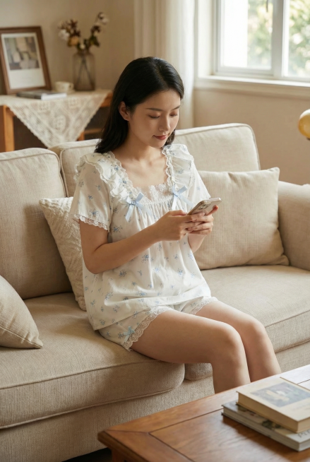 把这张睡衣换到中国女生身上，保留图片中衣服的材质和细节，人物动作改为坐在沙发上玩手机，环境为日常家居环境，自然写实风格，生成一张真实的买家秀图预览效果