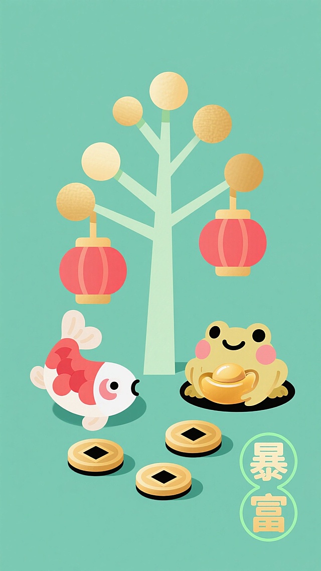 扁平化 Q 版发财壁纸，米白 + 暖金 + 淡绿配色，扁平化 Q 版摇钱树为核心（树干是淡绿直线色块，树枝是短粗淡绿块，树叶是迷你暖金圆块）。树顶挂 2 个小灯笼（淡红 + 暖金色块），树下左侧是 Q 版锦鲤（淡红 + 米白色块，游向树底），右侧是金蟾（暖金块 + 淡红腮红，托着元宝）。树下方散落 3 枚铜钱（暖金块 + 中心墨黑方孔），右下角用圆润字体写‘暴富’（暖金带淡绿细描边），1px 墨黑描边统一所有元素，画面整洁有层次