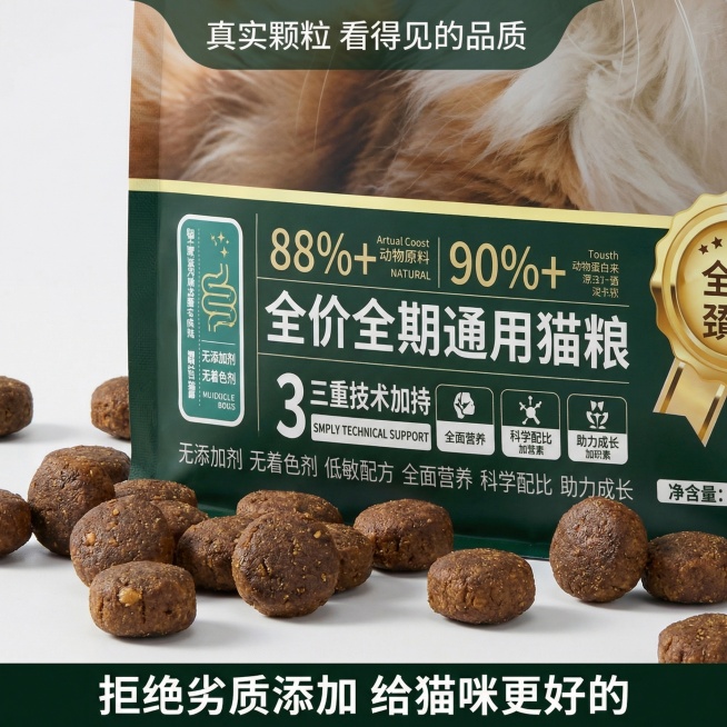 [主图 3] 猫粮细节成分展示图
[氛围/风格] 专业质感，微距清晰，突出品质
[画面元素] 对包装袋的成分参数区域进行放大展示，周围散落真实的猫粮颗粒特写，颗粒饱满清晰，背景简洁突出产品细节，保持原预览效果