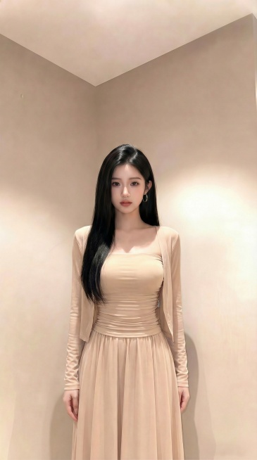 将图一图二中的浅米色抹胸长裙+同色系开衫穿搭换到图三人物身上，去掉包包，调整为模特身材，腰细，身材比例优越，呈现半身画面，真实自然预览效果