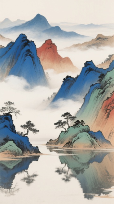 中国传统水墨山水画风格，以敦煌美学为灵感的配色，青金石蓝、赭石红、土黄、石绿为主色调，群山层叠，云雾缭绕，远山朦胧，近山苍劲，山间点缀几株水墨小树，山脚下有平静水面倒映山峦，整体笔触温润，墨色晕染自然，意境悠远宁静，构图采用传统山水画的深远式布局，留白恰到好处，展现国风山水的空灵与壮美。预览效果