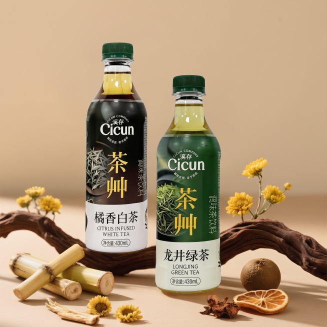 去掉背景上的云形棕色图形，把左侧瓶子替换为图二橘香白茶瓶子，把右侧瓶子替换为图三龙井绿茶瓶子，保持瓶子里的茶水清透透亮，保留原图所有其他元素和整体构图光影风格，自然融合不突兀预览效果