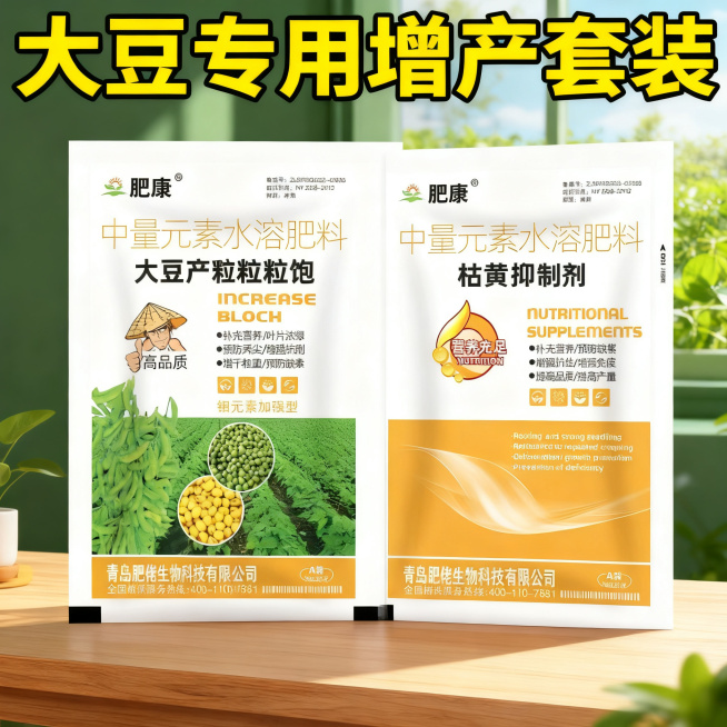 展示双剂A+B套装组合摆放，突出肥康大豆高产粒粒饱+枯黄抑制剂包装，文字标题"大豆专用增产套装"，大字体清晰，农资促销风格预览效果