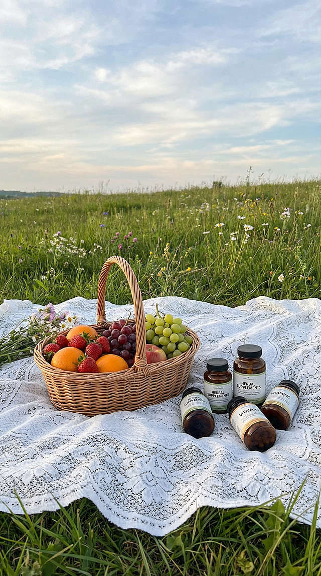 春日野餐场景，铺着白色蕾丝布，放着藤编篮子，篮子里摆着水果和保健品，背景是草地和天空，使用柔和自然光线，整体风格生活化自然