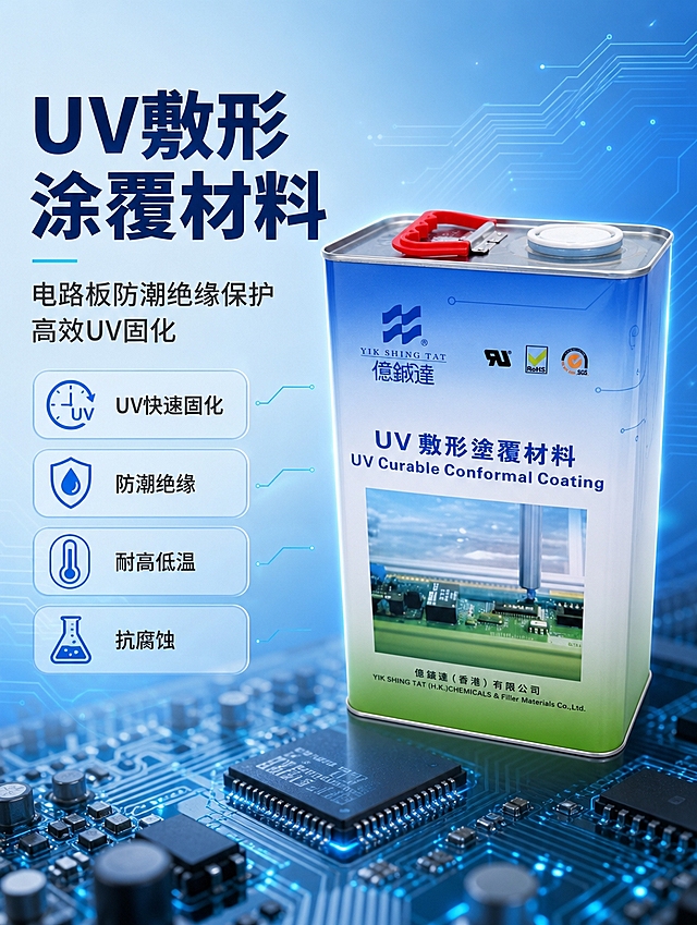 [商品] 使用【图1】億鋮達 UV 敷形塗覆材料金属方罐；保留罐体结构比例、蓝白主色、红色提手、白色罐盖、品牌Logo「YIK SHING TAT 億鋮達」、产品名「UV 敷形塗覆材料 UV Curable Conformal Coating」及认证标识，罐体文字清晰不涂改，产品正面朝向观众略侧 15°。
[画面] 页面目标：专业头图，建立产品身份与核心利益。构图：左文右图，右侧产品罐占画面 55%，左侧留白放标题与卖点；前景电路板局部特写做底纹虚化，中景产品罐，后景浅蓝科技渐变 + 电路线纹光效；阅读动线从左上标题到右侧产品再到下方卖点条。
[视觉] 套系策略：风格=工业科技商业摄影风；标题字=粗黑体无衬线；正文字=思源黑体常规；主色=科技蓝(#1E6FD9)；背景延展=浅蓝到深蓝渐变 + 细腻电路线纹 + 微光粒子；强调色=青蓝色(#00C2FF)，仅用于小面积图标、引线和标签；标题色=深蓝(#0A2A5E)；正文色=深灰(#333333)；组件=圆角浅蓝信息卡、细线引线、科技感图标；光影=左前侧冷柔光，产品边缘带轮廓光。
[文字] 左上主标题「UV敷形涂覆材料」8字，副标题「电路板防潮绝缘保护 高效UV固化」14字；下方 4 条短卖点：「UV快速固化」「防潮绝缘」「耐高低温」「抗腐蚀」；文字区左侧排布，不遮挡罐体Logo与产品名。
[规格] 1688国内平台详情页，比例 3:4 竖版（宽750×高1000），分辨率4K，负向提示：避免变形、错字、文字过小、罐体文字错乱、暖色调主导、非电子场景、极限词。
