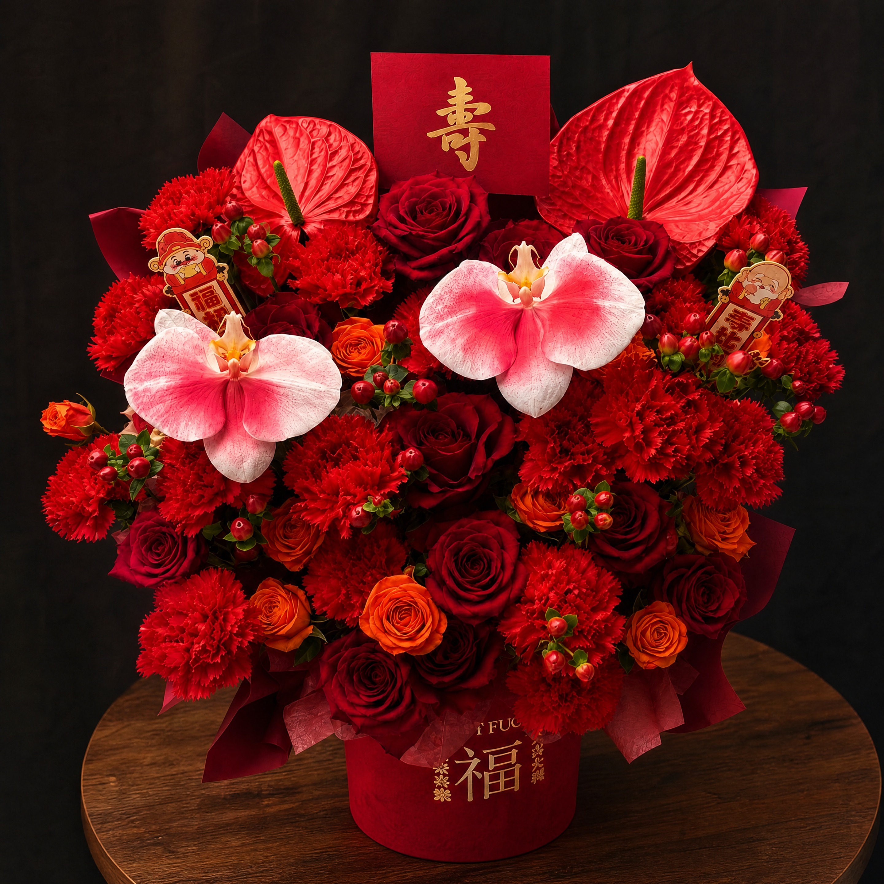 祝寿花束花篮，严格参照第一张上传产品图，完整保留所有可见组件、… - 图片创意预览