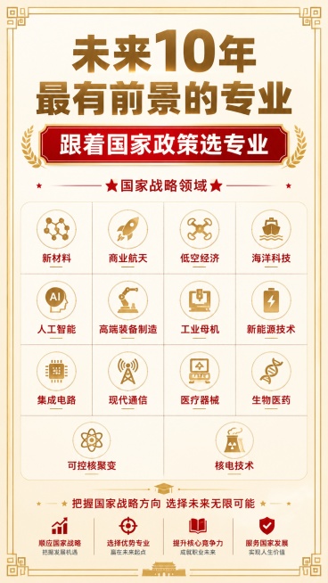 专业高考志愿填报知识海报，9:16比例，风格清晰专业，主标题“未来10年最有前景的专业”，副标题“跟着国家政策选专业”，列出国家战略领域:“新材料、商业航天、低空经济、海洋科技、人工智能、高端装备制造预览效果