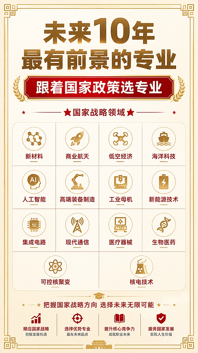 专业高考志愿填报知识海报，9:16比例，风格清晰专业，主标题“未来10年最有前景的专业”，副标题“跟着国家政策选专业”，列出国家战略领域:“新材料、商业航天、低空经济、海洋科技、人工智能、高端装备制造、工业母机、新能源技术、集成电路、现代通信、医疗器械、生物医药、可控核聚变、核电技术”，背景为浅米色搭配金色回纹边框，红色块突出副标题，文字清晰可读，版式精美专业，信息分区清晰