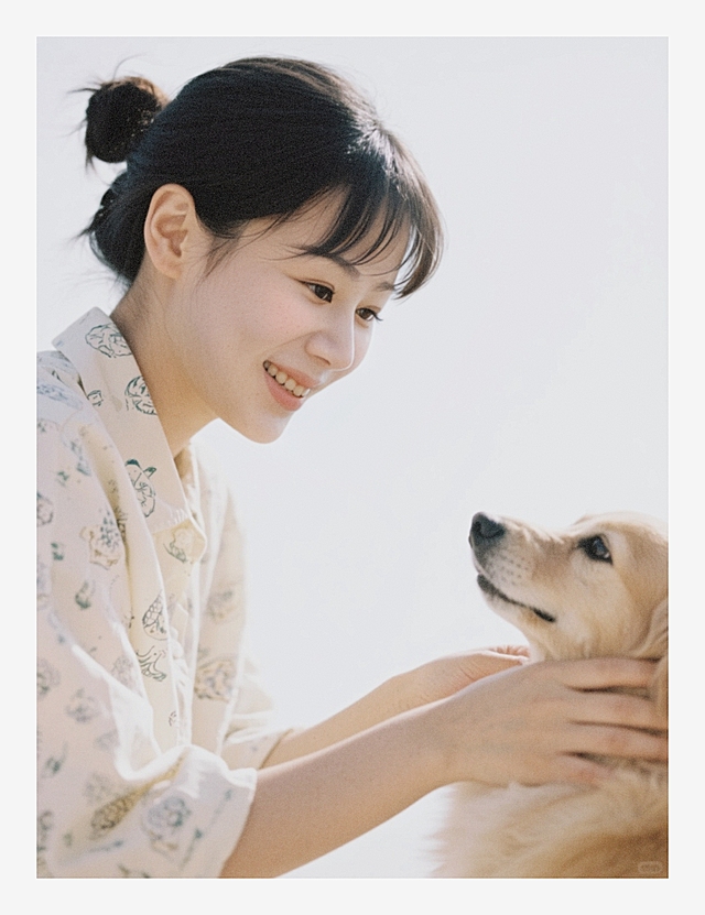 一个女生和小狗，白色背景