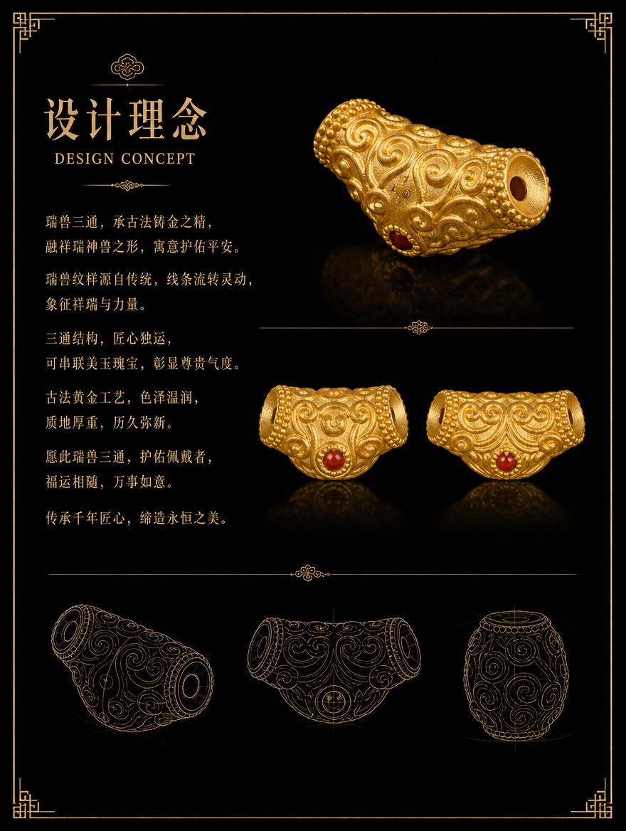 古法黄金瑞兽三通设计理念页，纯黑背景国风风格。左侧设计理念标题… - 图片创意预览