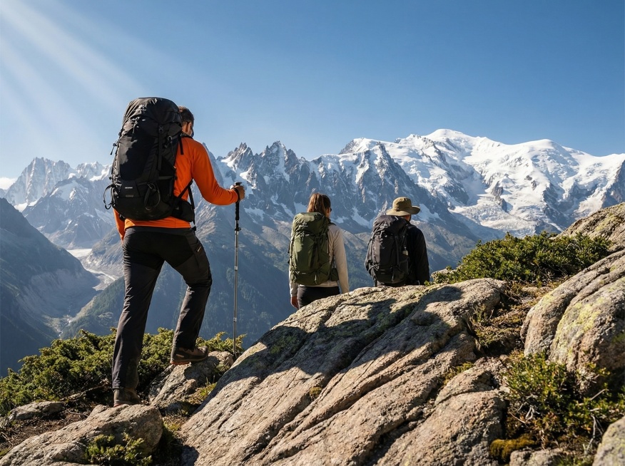 专业户外摄影风格，4:3比例，高清画质。画面采用低角度仰拍视角，构图采用三分法则，前景是崎岖的岩石山路占据画面下三分之一，中景是三位登山者的背影，远景是壮丽的雪山群峰。
前景：粗糙质感的花岗岩岩石，表预览效果