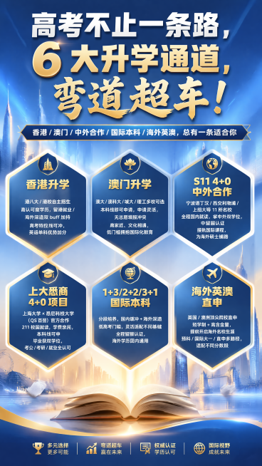 现代教育升学宣传海报，9:16竖版，4K高清，整体风格活力明亮，采用蓝金渐变高级配色，背景融入城市天际线与书本元素的抽象光影效果。顶部主标题大字醒目呈现“高考不止一条路，6 大升学通道，弯道超车！”，预览效果