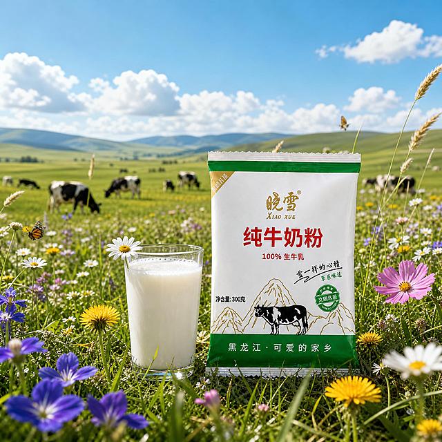 真实草原花海场景，产品和牛奶自然放置在开满野花的草原上，背景是一望无际的绿色草原和蓝天白云，远处有成群的奶牛在花海中漫步，蝴蝶在花丛中飞舞。晓雪纯牛奶粉袋装产品放在画面中央偏右，正面微侧，占画面约38%。**保持奶粉袋外观与输入产品图完全一致，杜绝任何变形和色差**。产品左侧放一只透明玻璃杯盛满牛奶，杯边插着一朵小雏菊。周围是各色野花：紫色马兰、黄色蒲公英、粉色格桑花、白色小雏菊，还有高高的狼尾草随风摇曳。阳光明亮温暖，草原光影层次丰富。整体氛围清新浪漫，花海草原感，产品与环境高度融合，光影真实自然，无悬浮感。画面中不要出现任何额外的文字、标语、卖点文案（产品包装本身的文字保留）。商业摄影质感，超高清，真实光影。1:1比例。