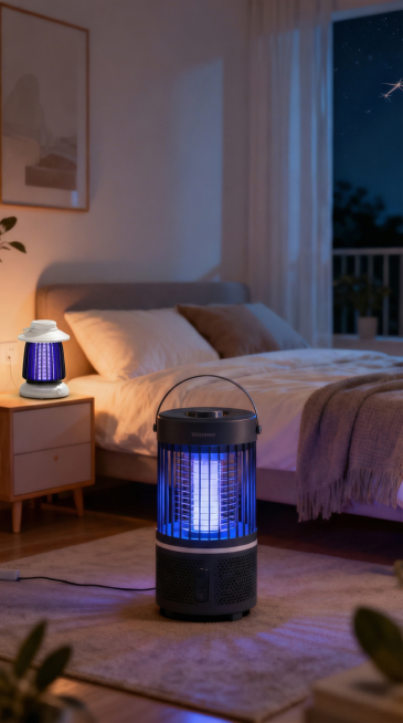 将床头床头柜上原来的小夜灯替换为参考图里的这款白色物理灭蚊灯，保持灭蚊灯的产品样式，画面其他部分保持原样不变，依然是夜晚温馨北欧风卧室场景，保持整体明亮柔和暖光，画面通透整洁预览效果