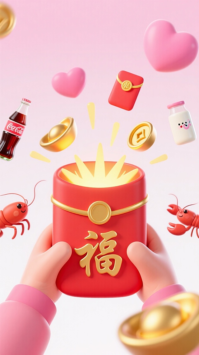 双手捧着一个红色的大红包，红包上的符号是：“福”；红包里发出微微的黄色辉光，从里面放射状喷溅出大元素（金元宝，红包）和小元素（红包，可乐，粉色的桃心，牛奶，小龙虾，星星，票券，墨镜，棒棒糖，彩笔，彩虹）背景是粉白色渐变，多巴胺潮流感配色，高饱和高纯度，暖色氛围，华丽促销感，撞色