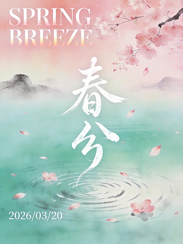 风格：新中式水墨写意，樱花粉→薄荷绿渐变背景，朦胧晕染
画面：粉色樱花瓣飘落碧波湖面，涟漪轻漾，远处淡墨山峦若隐若现
文字排版：
- 主标题：「春分」飘逸行草书法，竖排中央，带飞白肌理
- 英文：「SPRING BREEZE」细衬线体，白色渐变，顶部左侧
- 日期：「2026/03/20」无衬线体，底部左侧
氛围：诗意灵动，禅意留白，高级文艺