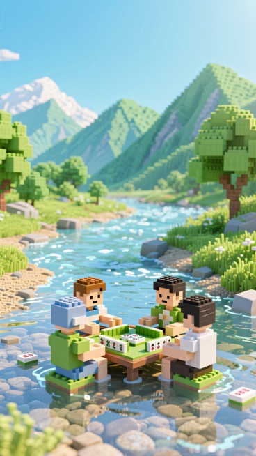 背景是连绵山脉，前景是溪水，4个人在溪水中打麻将，夏日氛围预览效果