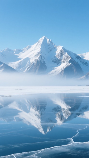 超写实雪山冰湖风景，纯净渐变蓝白主色调，晴朗无云的天空与雪山倒影在平滑如镜的冰面上形成完美对称构图，前景是广阔结冰的湖面，冰面有细微裂痕纹理，中景是被薄雾半遮的连绵雪山群，主峰巍峨耸立，山顶覆盖厚实积雪，山体岩石纹理清晰可见，阳光从侧上方照射，在雪山上形成明亮高光与深邃阴影对比，整体营造出极致宁静、圣洁、辽阔的氛围，冷色调光影，高清细节，8K分辨率，自然景观摄影风格。预览效果