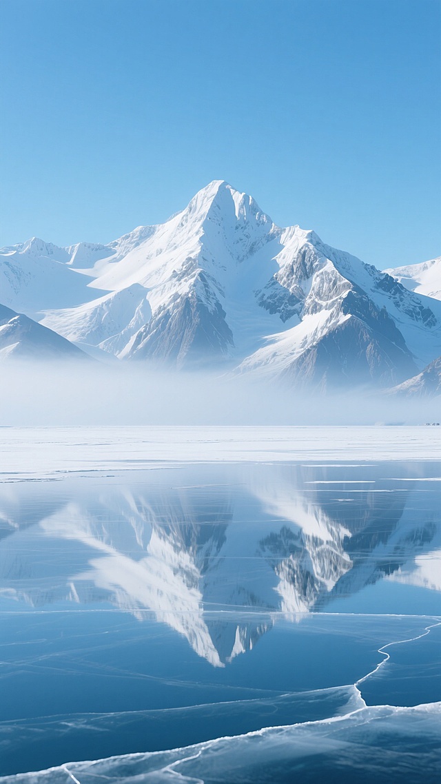 超写实雪山冰湖风景，纯净渐变蓝白主色调，晴朗无云的天空与雪山倒影在平滑如镜的冰面上形成完美对称构图，前景是广阔结冰的湖面，冰面有细微裂痕纹理，中景是被薄雾半遮的连绵雪山群，主峰巍峨耸立，山顶覆盖厚实积雪，山体岩石纹理清晰可见，阳光从侧上方照射，在雪山上形成明亮高光与深邃阴影对比，整体营造出极致宁静、圣洁、辽阔的氛围，冷色调光影，高清细节，8K分辨率，自然景观摄影风格。