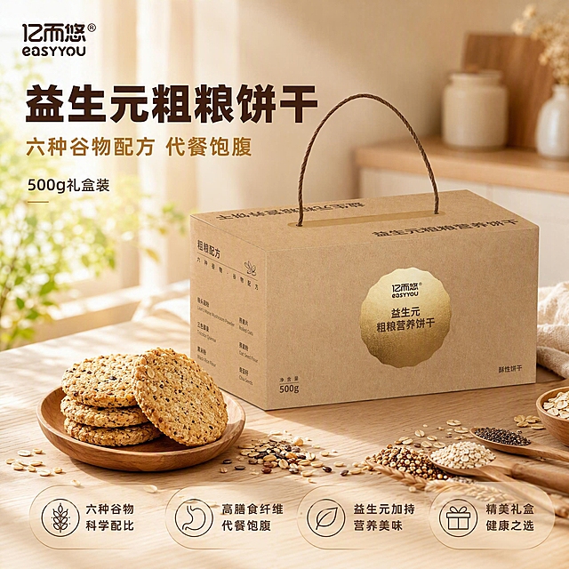 [主图-1] 首图点击率，主题：益生元粗粮营养饼干 六种谷物代餐饱腹。
[统一基调] 整体风格为自然健康品质感，暖调自然光，背景主色为浅米色+暖木色，标题字色为深棕色，辅助字色为暖金色，强调色为燕麦黄，字体为厚重粗黑体+细黑体辅助，卡片用圆角浅棕半透明底，图标为简约线性风格。
[画面] 产品礼盒（牛皮纸手提盒，金色圆形标签写有"益生元粗粮营养饼干"和"亿而悠 easyyou"品牌）位于画面右侧偏中，占比约55%，45度斜视角展示完整礼盒。左侧前景摆放拆开的饼干实物：3-4块酥性粗粮饼干堆叠在原木小碟上，饼干表面可见谷物颗粒纹理，旁边散落少量燕麦片、藜麦、奇亚籽等原料。背景为温馨的浅米色厨房餐桌场景，有柔和的自然光从左侧窗户洒入，营造温暖健康的家庭氛围。左上角放置品牌Logo"亿而悠 easyyou"。
[光影质感] 自然暖阳逆光，主光从左上方45度照射，产品右侧有柔和阴影，饼干表面呈现诱人的谷物光泽，礼盒牛皮纸材质纹理清晰，整体商业摄影质感，真实自然。
[配色] 主背景浅米色，产品牛皮纸棕+金色标签，文字深棕+暖金，点缀燕麦黄，整体暖色调协调统一。
[文字版式] 左侧上方主标题大字"益生元粗粮饼干"，下方副标题"六种谷物配方 代餐饱腹"，再下方小字"500g礼盒装"。文字左对齐，主标题最大最粗，副标题缩小60%，说明文字再缩小。文字放在负空间，不遮挡产品主体。
[输出要求] 1:1正方形比例，2K分辨率，文字清晰可读，产品外观与输入图一致，礼盒结构颜色材质准确，饼干真实诱人。负向：变形、错字、模糊、杂乱、水印、平台Logo、虚假宣传、医疗功效声称。