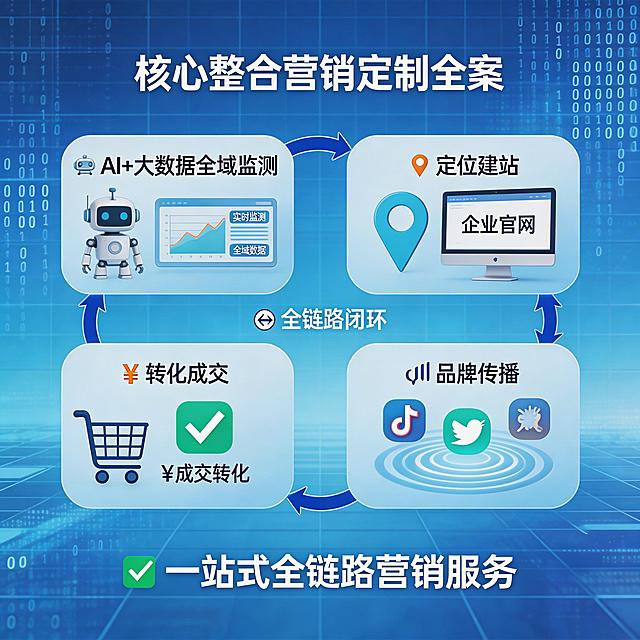 核心整合营销定制全案业务插图，AI加大数据全域监测，定位建站传播成交闭环，一站式全链路营销服务，现代商务数据可视化科技风格