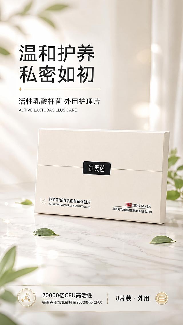 [第1屏] 详情页头图主视觉 - 舒芙茵活性乳酸杆菌保健片（外用）新品宣传海报。本屏使用【图1】作为商品主体。
[氛围/风格] 简约高级医学护肤风，干净通透，专业私密护理质感，商业摄影级精致光影。
[元素布局] 产品包装盒置于画面中央偏右，占比约55%-60%，正面45°微斜摆放；左侧留白为标题区；背景为米白渐变柔焦场景，底部有浅米色大理石质感台面；台面点缀几片淡绿色叶片和柔和光斑；包装盒保持米白色外观、黑色品牌标、底部文字信息与原图完全一致，结构比例准确。
[光影质感] 左上方柔和主光，右侧辅光提亮，底部自然投影，整体明亮通透，包装表面有细腻高光。
[配色色系] 全局底色 #F5F0E8（米白暖调）；主色深灰黑 #2C2C2C；辅助色淡薄荷绿 #A8D5BA；点缀色金色高光。
[视角构图] 正面微俯视45°角，产品为视觉中心，阅读动线左上标题 → 中部产品 → 底部信息条。
[文字版式] 版式为左上标题区 + 右侧产品 + 底部信息条。主标题「温和护养 私密如初」，副标题「活性乳酸杆菌 外用护理片」，两行黑体字左对齐；标题下方小字英文「ACTIVE LACTOBACILLUS CARE」；底部左侧卖点标签「20000亿CFU高活性」，右下角「8片装 · 外用」；文字不遮挡产品主体。
[比例分辨率] 9:16 竖版比例，4K分辨率，文字清晰可辨，高清画质。
[负向提示词] 包装变形，文字错乱，颜色偏差，水印，产品模糊，背景杂乱，低俗元素，医疗化表述，绝对化用语。